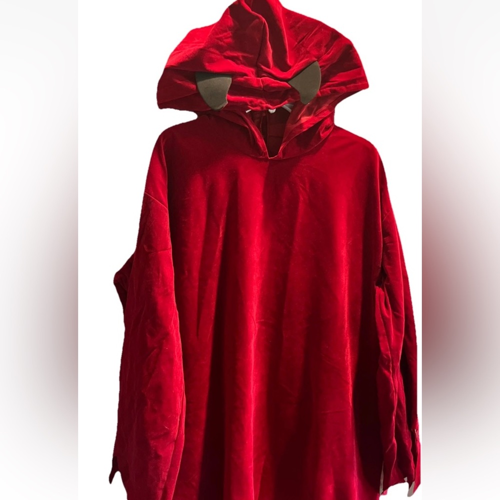 DEVIL RED VELVET Cloak HORN Hooded LONG Cape Robe Vampire Cosplay Costume ADULT